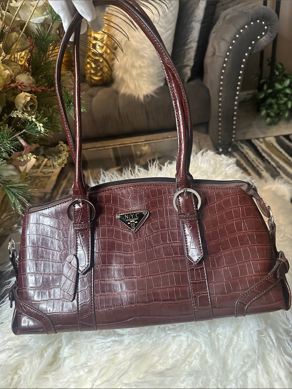 NYC Croc-Embossed Satchel Handbag in Burgundy